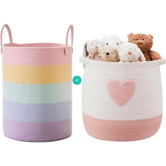 Pink Cotton Rope Laundry Hamper Large Woven Storage Basket for Toys Clothes Blan - Picture 1 of 8